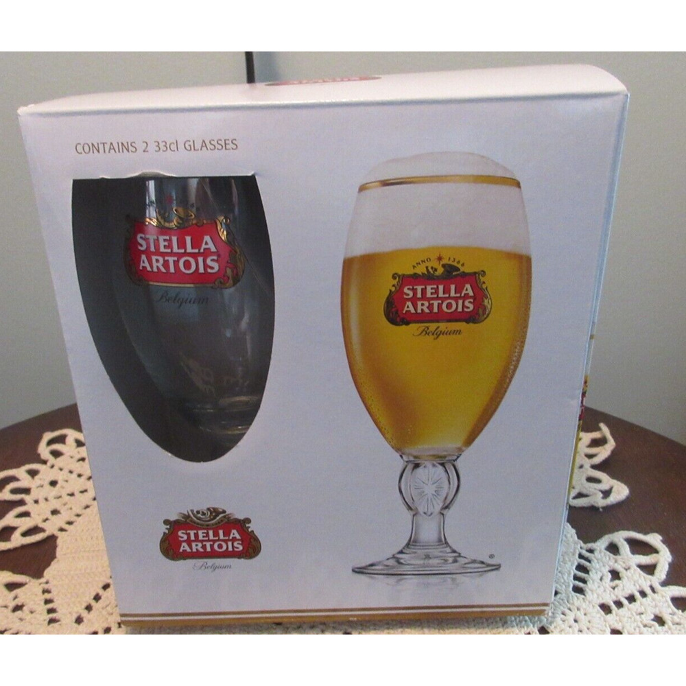 SET OF 2 STELLA ARTOIS Chalice 33cl Beer Glasses Goblet Gold Trim; Bar BOXED